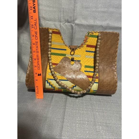 Handmade African Tote Bag Leather Wooden Beads Vibrant Colors Shape Kenate Bold - Picture 7 of 8